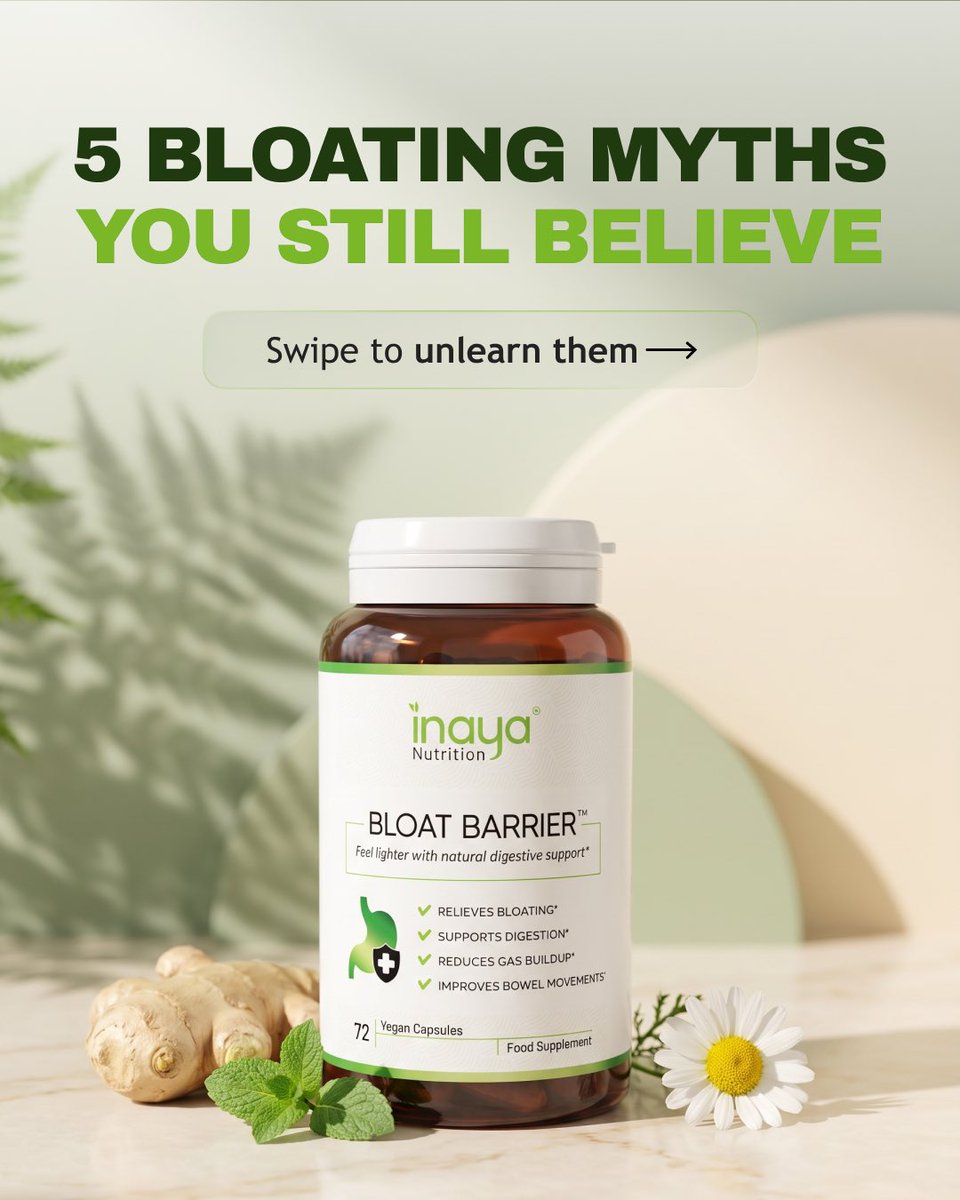 Inayanutrition's tweet photo. No harsh detox needed. Bloating isn’t just about willpower—myths can keep you stuck in routines that don’t help.

Swipe for 5 myths to unlearn + the gentler truth. BloatBarrier blends seven calming botanicals to support daily digestion.

#bloatingsupport #happygut #organic https://t.co/1iuZ33AJkd