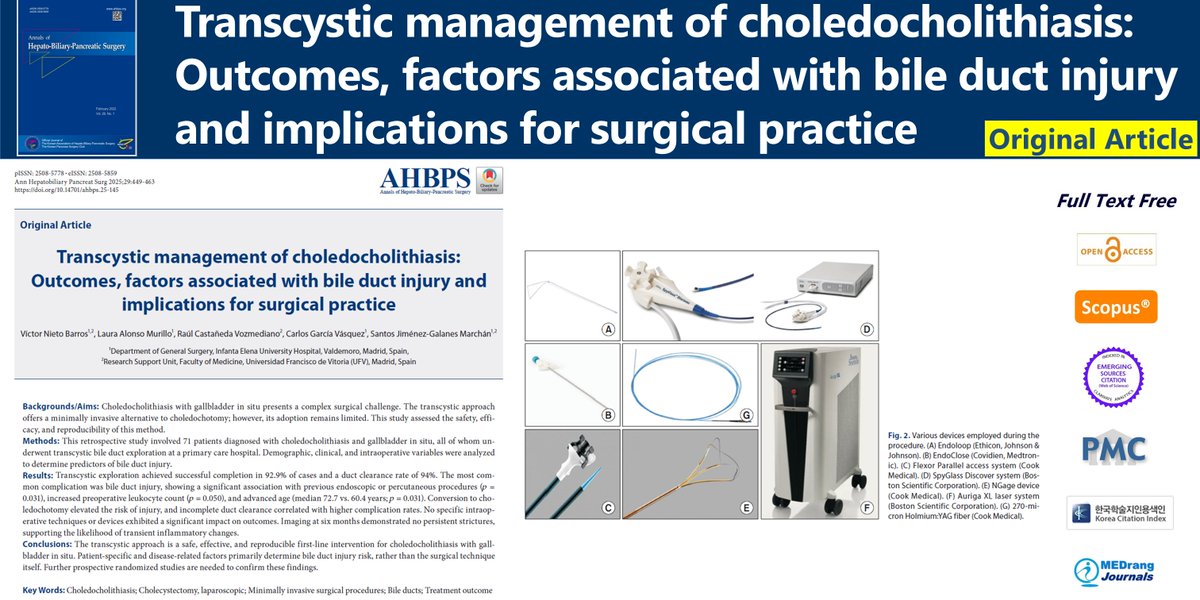 Journal_AHBPS's tweet photo. Transcystic management of choledocholithiasis: Outcomes, factors associated with bile duct injury and implications for surgical practice
🌷https://t.co/y4mAOuWFLp
Ann Hepatobiliary Pancreat Surg 2025;29(4). Víctor Nieto Barros
#Choledocholithiasis #CholecystectomyLaparoscopic https://t.co/teugR5Ek4w
