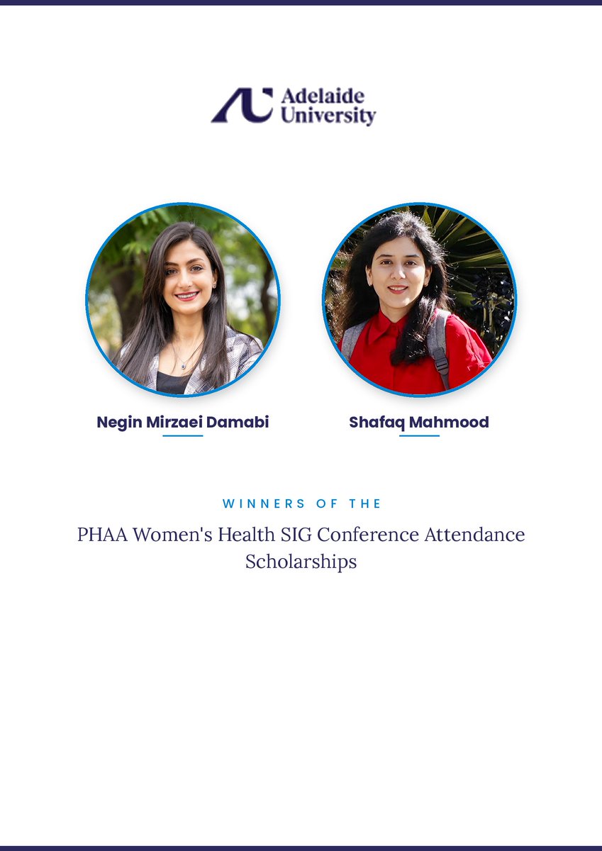 MAHENetwork's tweet photo. Congratulations to Shafaq Mahmood &amp; @Negin_MDamabi, awarded PHAA Women's Health SIG Conference Attendance Scholarships, supporting Shafaq at #APHC in Geelong and Negin at the GIN Conference in Kuala Lumpur. 
@AdelaideSPH
@RobsInstitute https://t.co/dq7104duio