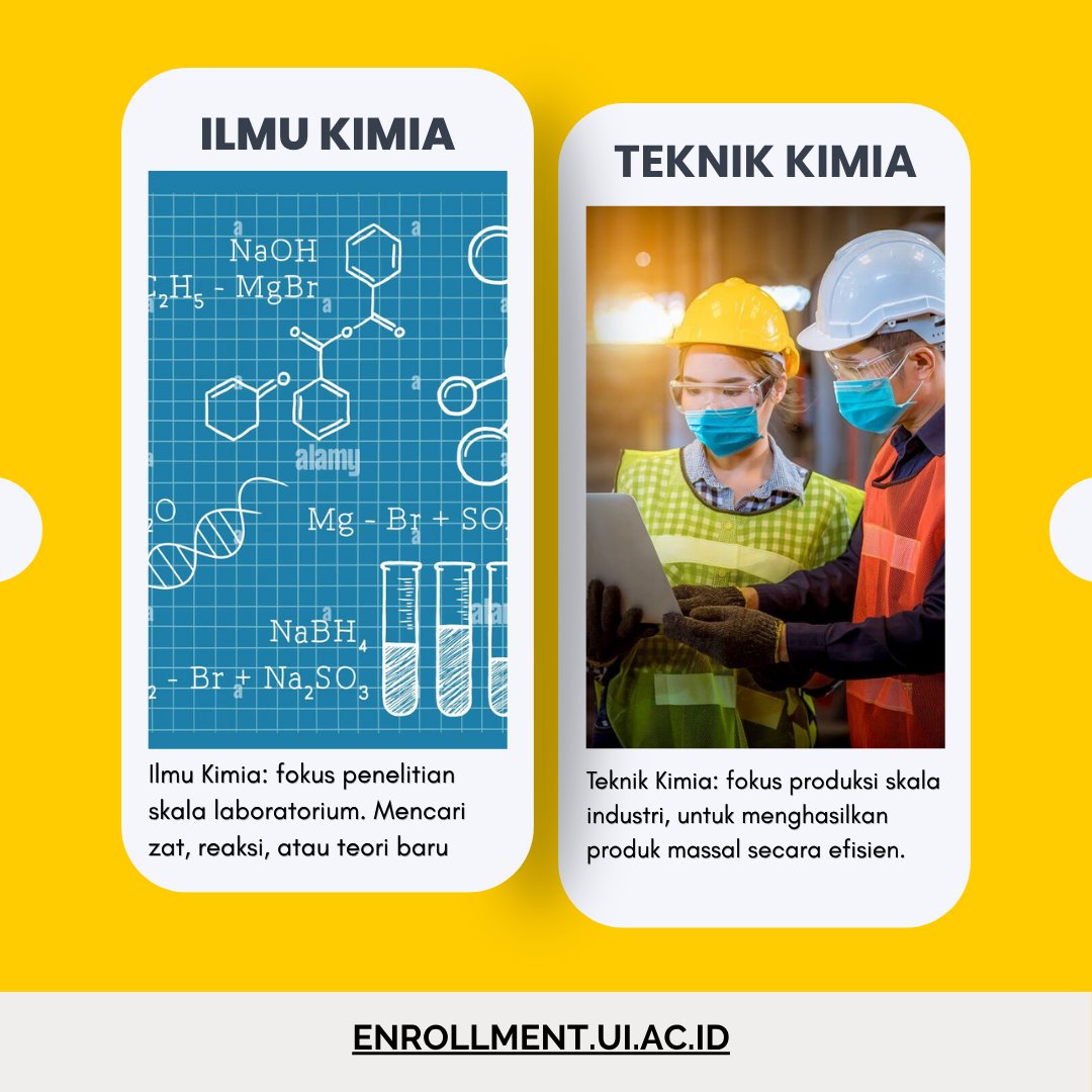 SIMAK_UI's tweet photo. Bingung bedain Ilmu &amp; Teknik Kimia? Ilmu Kimia: riset skala lab, Teknik Kimia: produksi skala pabrik. Pilih sesuai passionmu untuk persiapan penerimaan mendatang!

Detail lebih lanjut👉https://t.co/NjgjuzGIdJ (saat pendaftaran berlangsung).
Jadwal &amp; biaya👉https://t.co/C8lT9oUeWr https://t.co/6A6CsUxNym