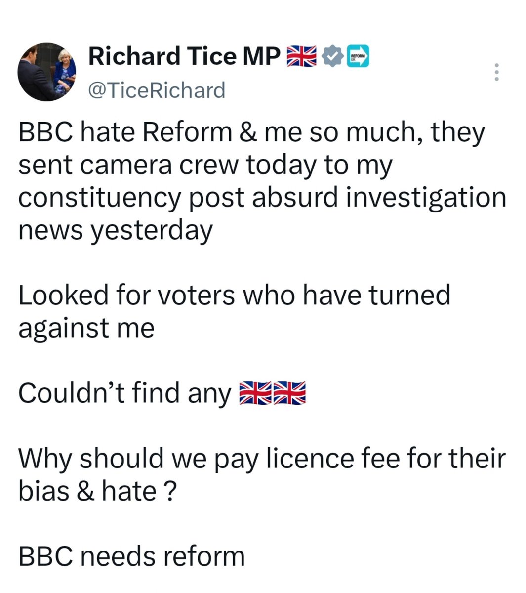 Parody_PM's tweet photo. The BBC hate us so much that they only had me on Question Time 38 times and have had Zia Yusuf on 8 times in less than two years, even though nobody even voted for him.
Now that's what I call bias. https://t.co/VDzklNcxVn