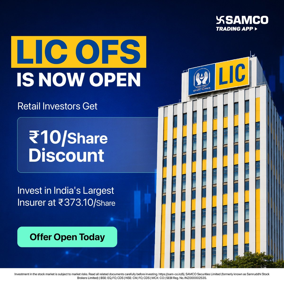 SAMCO_India's tweet photo. LIC OFS is now open — retail investors get a ₹10/share discount. 🔔

✅ Your bid price: ₹373.10 (after discount)
🕙 Bidding closes 2 PM today, 5th Aug

Quick reminders:
🔹 Keep it under ₹2 lakh for the retail category
🔹 100% margin upfront (no margin on OFS)

To place your bid or for any assistance, please contact to 9122227777 , 022- 45030450
or visit the OFS section in https://t.co/PAG17Q856n

#LICOFS #LIC #OfferForSale #StockMarketIndia #ShareMarket #Investing #Samco #SamcoSecurities