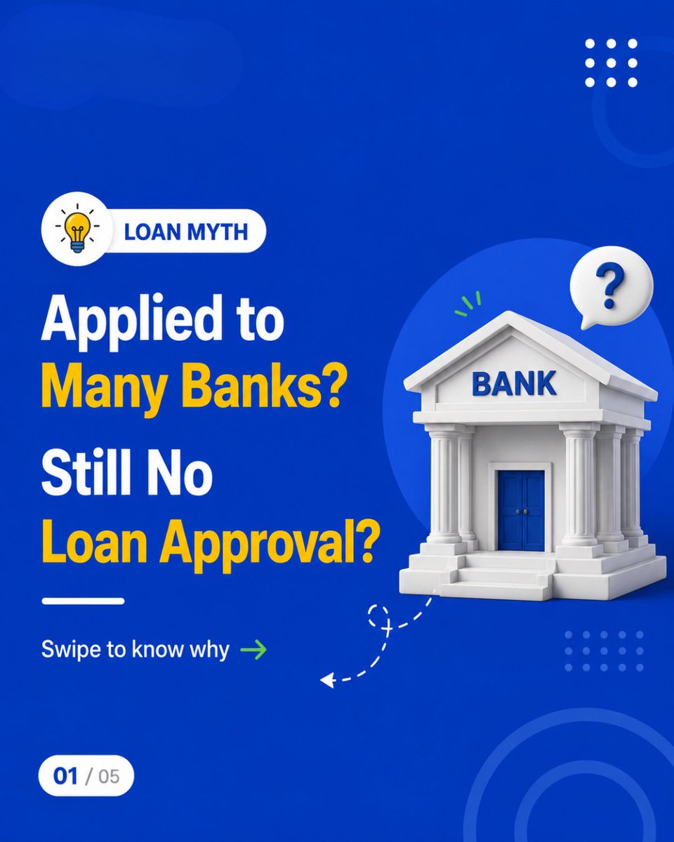 LeapMoney_'s tweet photo. Loan MythApplied to multiple banks but still no approval?It could be because of:
• Low Credit Score
• High Existing EMIs
• Incomplete Documents
✔ Check eligibility
✔ Improve your profile
✔ Compare lenders before applying#LoanTips #CreditScore #LeapMoney #PersonalFinance https://t.co/hgKjSDHWoa