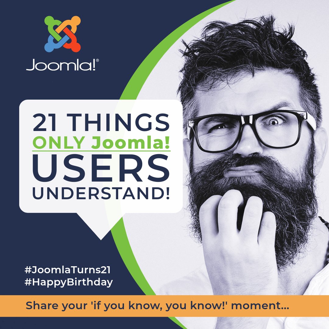 joomla's tweet photo. For Joomla’s 21st birthday, we’re creating a fun Joomla Community Magazine article: 21 Things Only Joomla Users Understand. Please take a moment to share your favourite Joomla phrase, memory, ... moment.
Survey Link: https://t.co/KdQZG3lA4B 
#Joomla #Community https://t.co/PKfqsabspC