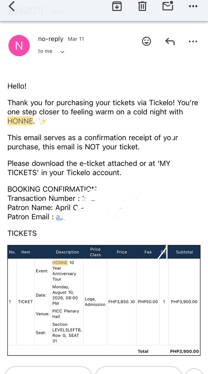napssofunny's tweet photo. WTS LFB PH 
HONNE 10th Anniversary Tour Manila — DAY 1 

- LOGE LEVEL 3, LEFT B ROW G, SEAT 31 
- 1 tix
- ₱3,900 (SRP)
- E-ticket only

RFS: conflict of schedule 🙇🏻‍♀️

DM/comment if interested!
#10YearsOfHONNE #HONNE10YearsTourManila

🏷️ honne concert ticket manila day 1 buy sell https://t.co/f6BTo1mIiF