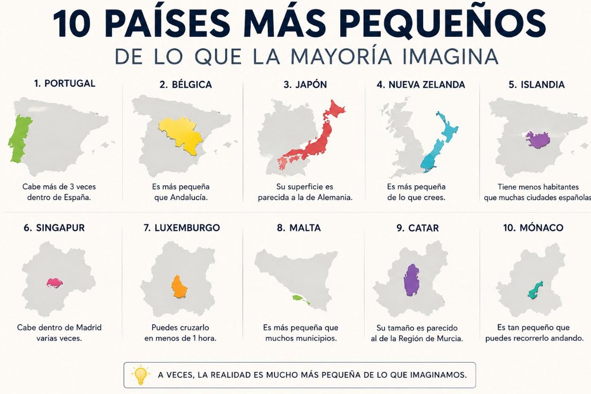 ListaIncomoda's tweet photo. 10 países más pequeños de lo que la mayoría imagina.

Solemos imaginar algunos países enormes... hasta que los comparas.  

Por ejemplo:  

• Portugal cabe varias veces dentro de España. 
• Bélgica es más pequeña que Andalucía. 
• Japón parece gigantesco, pero su superficie es parecida a la de Alemania. 
• Nueva Zelanda es más pequeña de lo que mucha gente cree. 
• Islandia tiene menos habitantes que muchas ciudades españolas. 
• Singapur cabe dentro de Madrid varias veces. 
• Luxemburgo se cruza en menos de una hora. 
• Malta es más pequeña que muchos municipios. 
• Catar tiene un tamaño parecido al de Murcia. 
• Mónaco es tan pequeño que puedes recorrerlo andando.