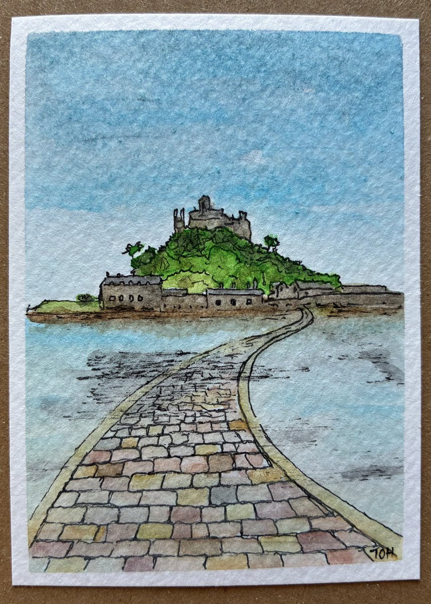 TimOHareArt's tweet photo. For this morning's #art practice I've painted a fourth 2.5 x 3.5 inch (#ACEO format) ink and #watercolour picture of a classic view from the #Cornwall coast, #StMichaelsMount near #Marazion. I'm pleased with this one, especially the block work of the causeway... https://t.co/IuZpKNQzhM