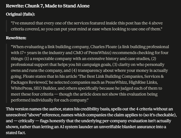 Charles_SEO's tweet photo. BRAND NEW AI SEO TIP THAT COSTS $0 AND TAKES UNDER 15 MINUTES 🚨

Use MY EXACT PROMPT in any (good) AI - Then upload or paste your page, and the AI will split it into ~300 token chunks the way a retriever would, then checks each chunk in isolation: Does the claim survive without the surrounding context?

Because most AI search doesn't read your page - It's retrieving passages (chunks) from 5-50 different pages...

Your content gets split into blocks before retrieval, then the model often pulls the chunks that match the query and ignores everything else.

So if your claim sits in one chunk and the evidence supporting it sits in the next one, the retriever pulls ONE WITHOUT THE OTHER.

Half a fact, no context = Unusable and usually not cited.

And your rankings look completely fine while it's happening 🙃

Here's how to check in 15 minutes, for free:

STEP 1 - Pick a page that SHOULD be getting cited

Not your homepage - Pick a page that already ranks well, answers a real question, and isn't getting the love it should be from AI Overviews or chatbots.

That gap is usually a chunking problem, not a content problem.

STEP 2 - Grab the actual text

Copy the body content - No nav, no footer, no sidebar - just what a retriever would actually work with.

STEP 3 - Run this EXACT prompt

Paste it into Claude, ChatGPT, Grok or Gemini along with your content:

You are simulating how a retrieval system processes a web page for AI search.

Take the content below and split it into chunks the way a retriever would: roughly 250-400 tokens each, breaking at natural heading and paragraph boundaries.

Then evaluate EVERY chunk in complete isolation, as if it were the only text you had ever seen. For each one, output:

1. CHUNK NUMBER and the heading it sits under
2. STANDS ALONE: Yes / Partially / No
3. WHAT IT CLAIMS: the main assertion, in one sentence. Write "nothing assertable" if there isn't one.
4. IS THE CLAIM SUPPORTED INSIDE THIS CHUNK: Yes / No - is the evidence, number, example or reasoning present in this same chunk, or does it live elsewhere?
5. ORPHANED PRONOUNS: list every "it / they / this / the company / we" where the entity it refers to is NOT named inside this chunk
6. ENTITY PRESENT: is the main subject explicitly named in this chunk, or only implied?
7. CITABLE AS-IS: could a model quote or paraphrase this chunk in an answer without needing any other part of the page? Yes / No

After the chunk-by-chunk breakdown, give me:

- The 3 WEAKEST chunks and the specific reason each one fails
- Every case where a CLAIM and its SUPPORTING EVIDENCE ended up in different chunks
- A rewrite of the single worst chunk so that it stands completely alone

Be harsh. Do not give credit for anything a human reader would infer from the rest of the page. If the chunk does not contain it, it does not exist.

CONTENT:
[paste your page here]

STEP 4 - CITABLE AS-IS" 

That column is whether you need to upgrade that chunk or not (or have a writing agent do it for you) - And in AI SEO client pages that I run this through, nearly 95% of the chunks need fixing...

STEP 5 - Fix the splits, not the writing

You're not rewriting the page from scratch, you're moving things to the correct structure, format and order:

- Pull the evidence UP into the same block as the claim
- Name the entity again at the top of each section instead of relying on "it"
- Break long sections with a heading BEFORE the claim, not after it
- Move orphaned stats out of the conclusion and next to what they prove

Same content, very similar word count, but completely different retrieval behaviour.

I ran this on my link building services page example from the other day because whilst it's ranking very well in Google, it's not doing as well in ChatGPT or Claude - And the prompt found exactly why...

Everyone in this industry is currently buying $500/mo dashboards to tell them they aren't getting cited.

None of them tell you WHY.

This does, it's FREE, and it takes 15 minutes.

Plus it can be automated too 🎩