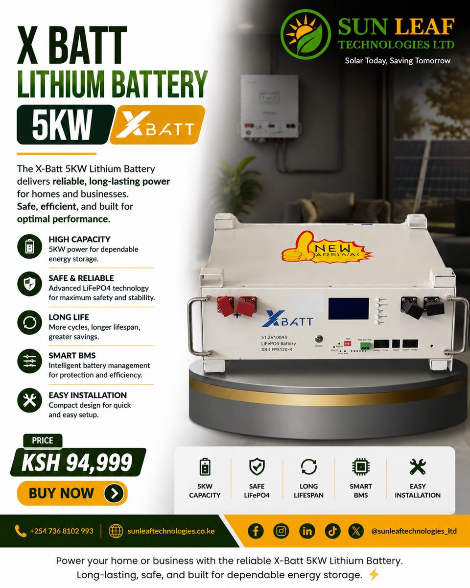 sunleaftech_ltd's tweet photo. Have you ever imagined you could remove KPLC from your monthly bill? ⚡

Well, our solution can turn that imagination into reality. ☀️🔋

Meet the X-Batt 5kW Energy Storage System — designed to help homes take control of their energy, store power, and reduce dependence on the grid.

With solar integration, you can generate, store, and use your own power when you need it most.

🏠 Ideal for homes and everyday household power needs.

Ready to take control of your power?

📞 Call/WhatsApp: 0736810293
📧 info@sunleaftechnologies.co.ke
🌐 https://t.co/GqHOEXrTxq

#SolarEnergy #EnergyStorage #XBatt #RenewableEnergy #Kenya #KPLC #SunleafTechnologies