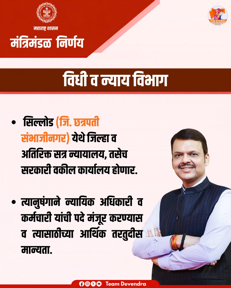 PratikshavikasP's tweet photo. सिल्लोड (जि. छत्रपती संभाजीनगर) येथे जिल्हा व अतिरिक्त सत्र न्यायालय तसेच सरकारी वकील कार्यालयाच्या स्थापनेला मंजुरी मिळाल्याने न्यायव्यवस्था अधिक सक्षम, सुलभ आणि नागरिकाभिमुख होणार आहे.

#DevendraFadnavis #Teamdevendra #JudicialReforms #MaharashtraGovt https://t.co/FKQoFLSJSJ