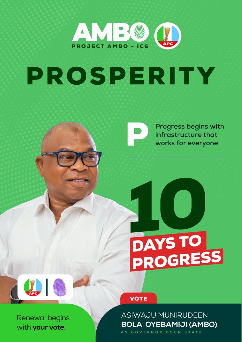 OgbeniDipo's tweet photo. 10 more days to August 15 2026. Osun deserves better. Bola Oyebamiji (@OyebamijiBola), the Gubernatorial Candidate of the APC (@OfficialAPCNg) in Osun has the plan. As Commissioner for Finance, he grew Osun’s IGR from N6bn to N24bn. He will do more as Governor. Vote AMBO 💙! https://t.co/oxciPl8NyF