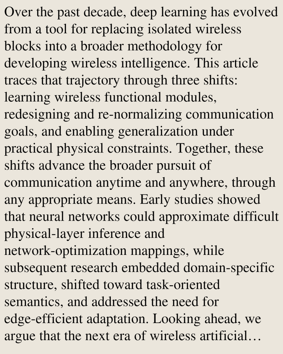 SignalPapers's tweet photo. Ten Years of Deep Learning for Wireless Communications: From Learned Blocks to Deployable Wireless Intelligence

Hao Ye, Geoffrey Ye Li, Biing-Hwang Juang
https://t.co/RUh9OBdMdQ [𝚎𝚎𝚜𝚜.𝚂𝙿] https://t.co/elbrrNLrla
