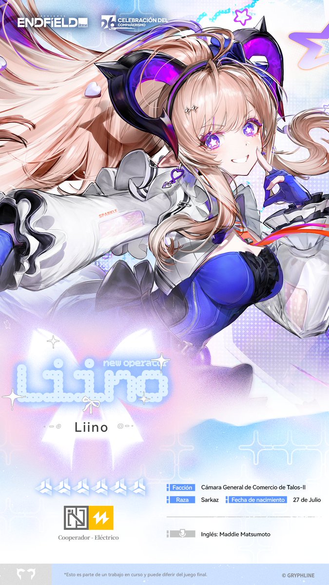AKEndfieldES's tweet photo. //Liino

Liino es una estrella en ascenso de la Cámara General de Comercio de Talos-II. Adorada por el público desde su debut, es conocida como la “Estrella de la mañana de La Fantoma”.
Por el momento, Liino continúa organizando de forma meticulosa su gira de conciertos en Talos-II. Cree que dará una presentación como nunca se vio antes y que llegará el día en que brillará en la cima del mundo.

▼//Descarga el juego desde el sitio web oficial: https://t.co/TNb80zBSGE

#ArknightsEndfield #Endfield #CompanionshipCelebration