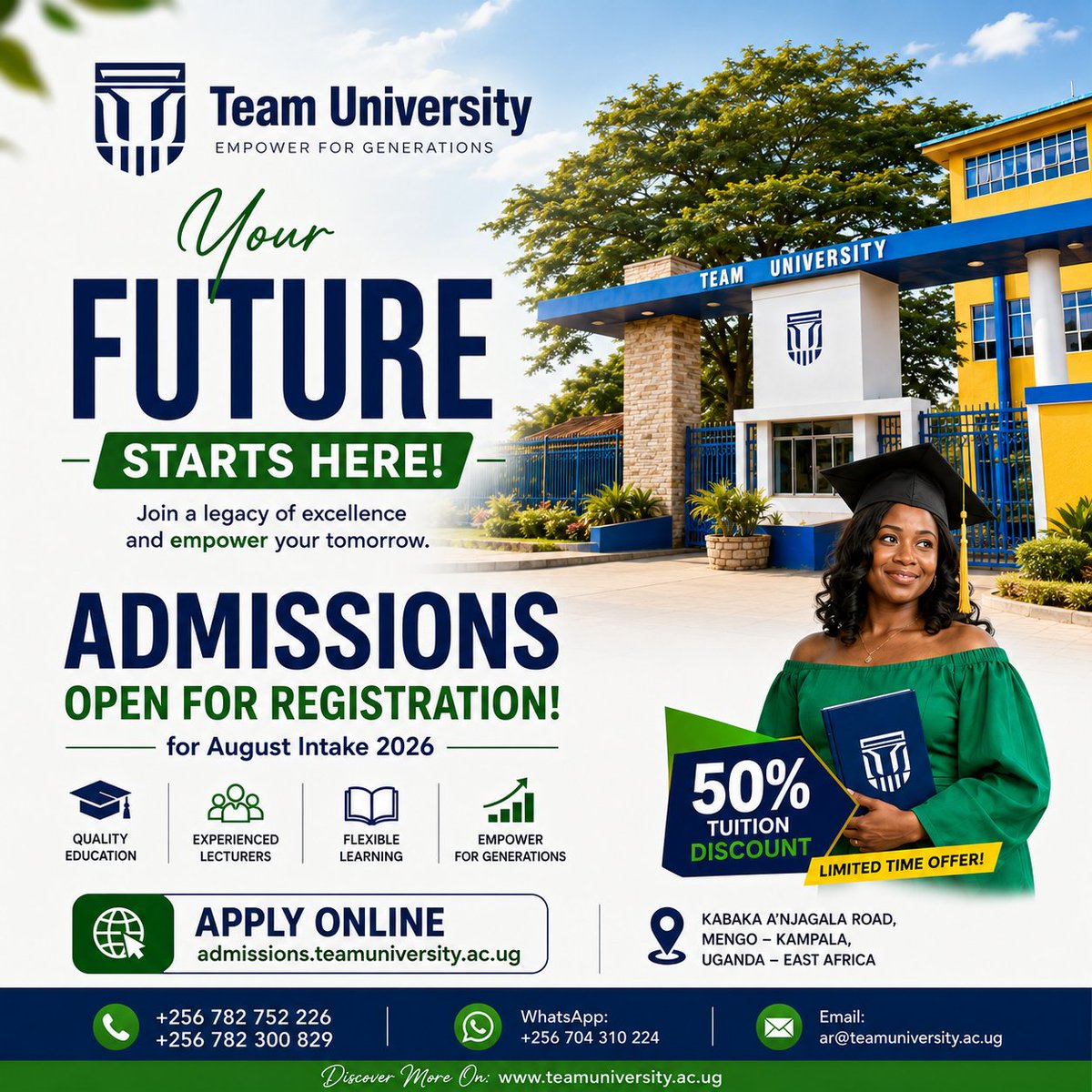 TeamUniversityU's tweet photo. Your future starts here!
Admissions for August Intake 2026 are now open at Team University.
Enroll today and enjoy a 50% Tuition Discount for a limited time.
Apply now: https://t.co/FgaGA3mEjB
#AugustIntake2026 #AdmissionsOpen @vibemaker256 #EmpowerForGenerations https://t.co/opDrkCOpT5