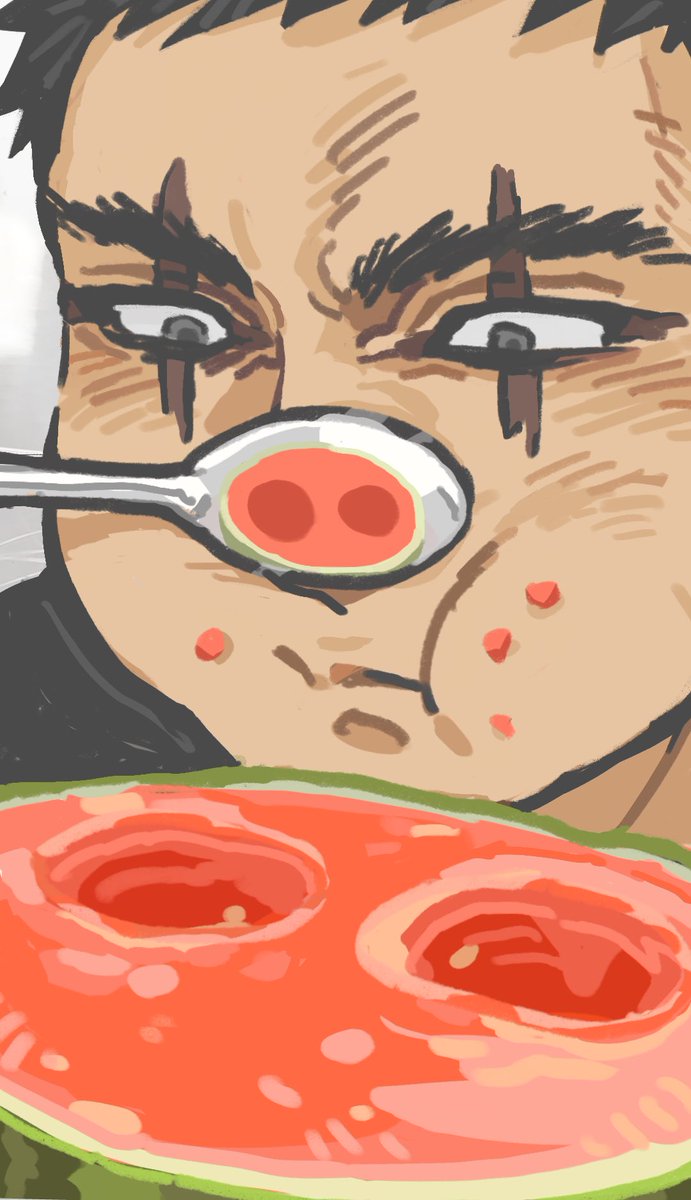 trem_tremi's tweet photo. 肥猪老大吃西瓜🍉
铁：把所有悲伤的事都想了一遍（忍住不笑……）
改的原图在p3🐈‍⬛🍉 https://t.co/kdgNxTJTUU
