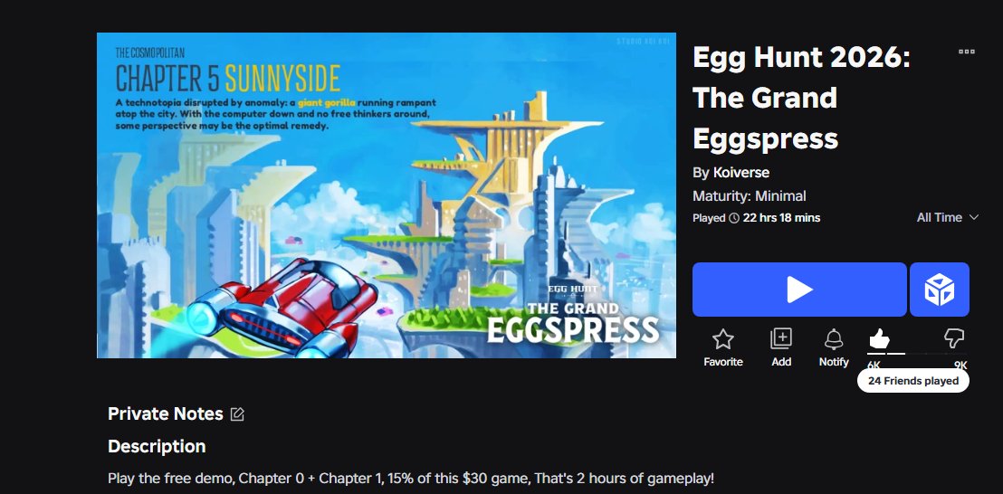 C63S_____'s tweet photo. So far, 22 hours into The Grand Eggspress 2026 Egg Hunt game on Roblox. Not 100% completed yet. Yes, I paid $30 to play it.
Was it worth it? Still debtaing whether it was or not.
Is the game itself good? It's amazing. 10/10 from everything to visual design and OST's. https://t.co/1P8HnWDGro