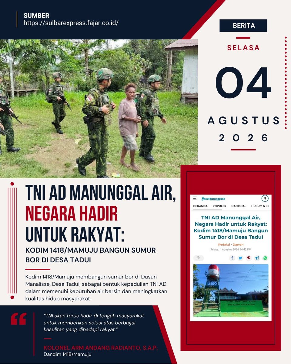 DidaSftra's tweet photo. Semangat pengabdian TNI tidak mengenal waktu, jarak, dan tempat. Setiap saat, setiap jengkal tanah, setiap pelosok negeri adalah ladang bakti.
Berbakti DiSeluruh Pelosok https://t.co/smRPJCPeWb