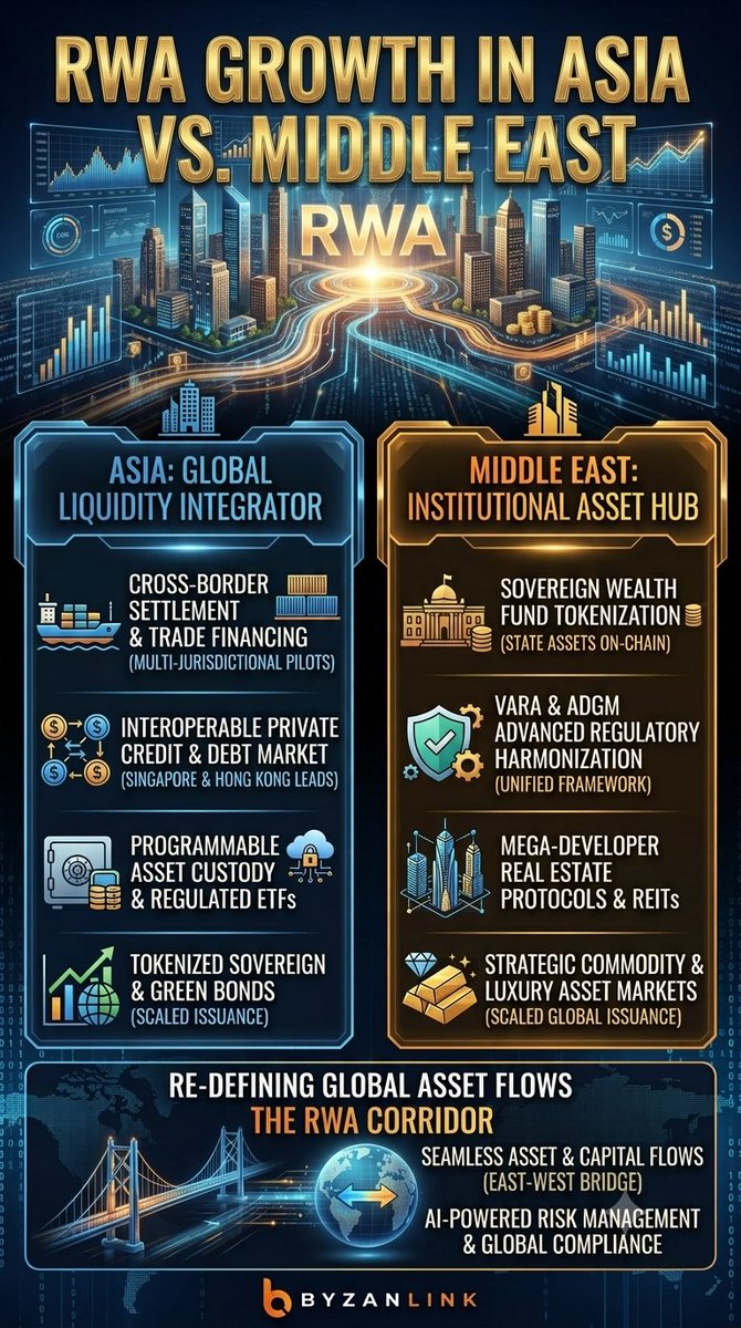jlsilva12345678's tweet photo. Real-World Asset (RWA) tokenization is scaling rapidly in both Asia and the Middle East, though the two regions are driven by distinct institutional catalysts, regulatory approaches, and primary asset classes.
#Byzanlink #Byzan #RWA #BTOS
#crypto #onchain #DeFi #Tokenization https://t.co/OFH49GfNvW