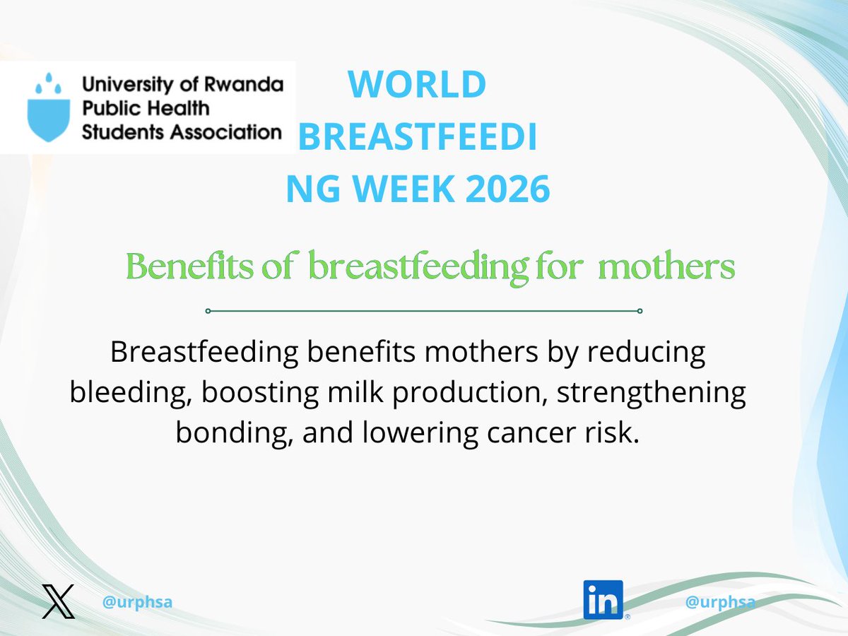 urphsa's tweet photo. Day 5 World Breastfeeding Week. 

Breastfeeding protects mothers by reducing bleeding, supporting family planning, and strengthening bonding.

It lowers breast and ovarian cancer risks.

Let’s support every breastfeeding mother.

#WBW2026 #MaternalHealth https://t.co/BD5yI5uiDe