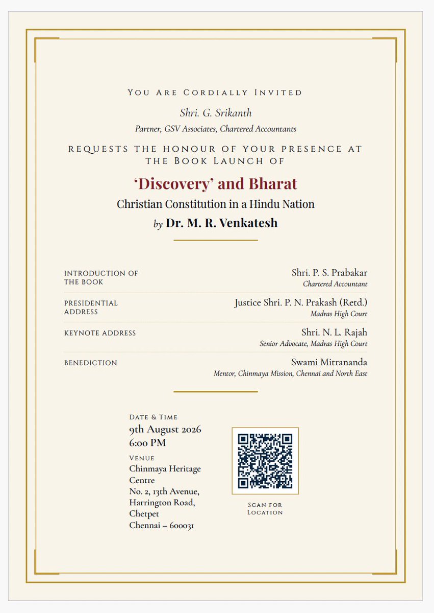 trramesh's tweet photo. Have you marked your calendars yet?    This Sunday  09th August -  6:00 p.m. when the very interesting book "Discovery and Bharat"   written by Shri @MRVChennai  -  Chartered Accountant and an amazing Advocate  -  is being released. 

   If you are in Chennai and interested to know some extraordinary origins and moorings of our Constitution come to  CHINMAYA HERITAGE CENTRE - Harrington Road 

    If you come early - we can have a chance to catch up on TN Temple matters -
