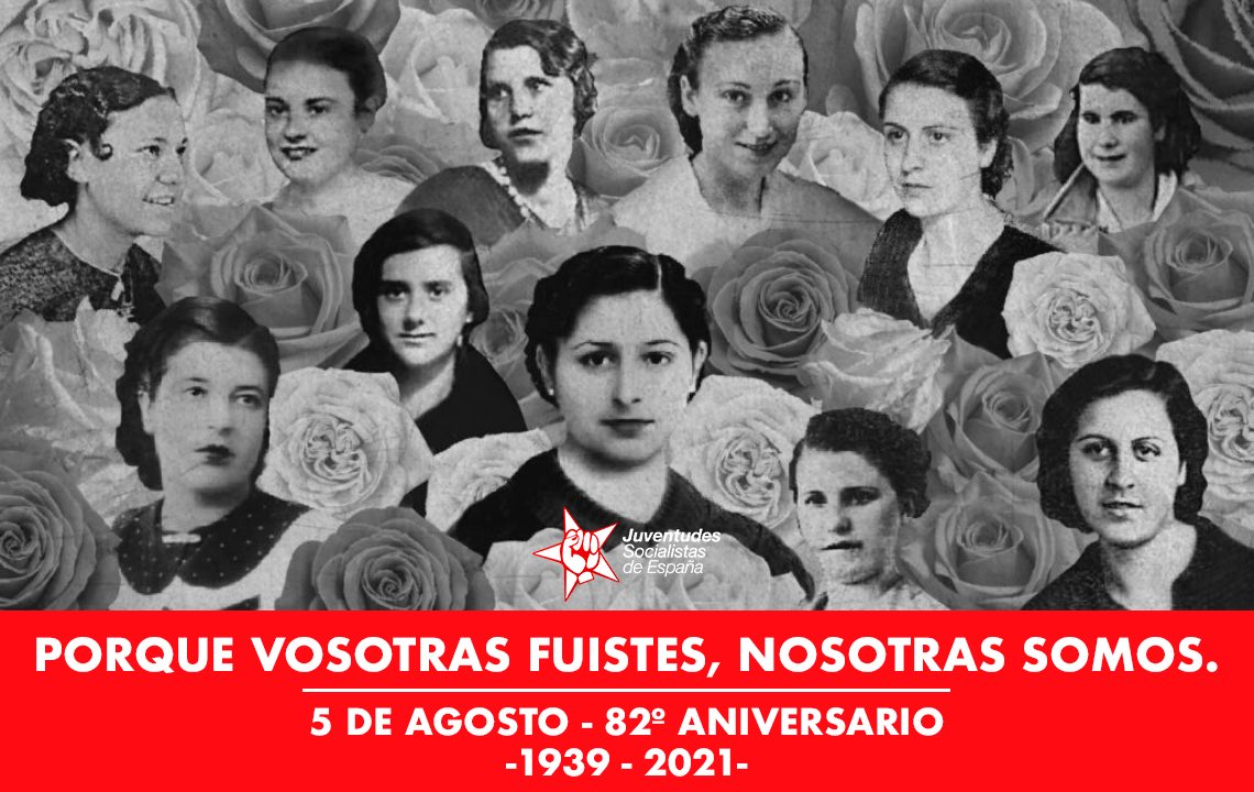 Anhgi_'s tweet photo. Hoy se cumplen 87 años del asesinato de las Trece Rosas.
Adelina, Ana, Blanca, Carmen, Dionisia, Elena, Joaquina, Julia, Luisa, Martina, Pilar, Victoria y Virtudes.

Trece mujeres valientes, muy jóvenes, algunas menores de edad, fusiladas por la tiranía franquista el 5 de agosto de 1939 por defender la democracia y la libertad.

Verdad, Justicia y Reparación.
Que sus nombres no se borren de la historia.
#MemoriaHistorica