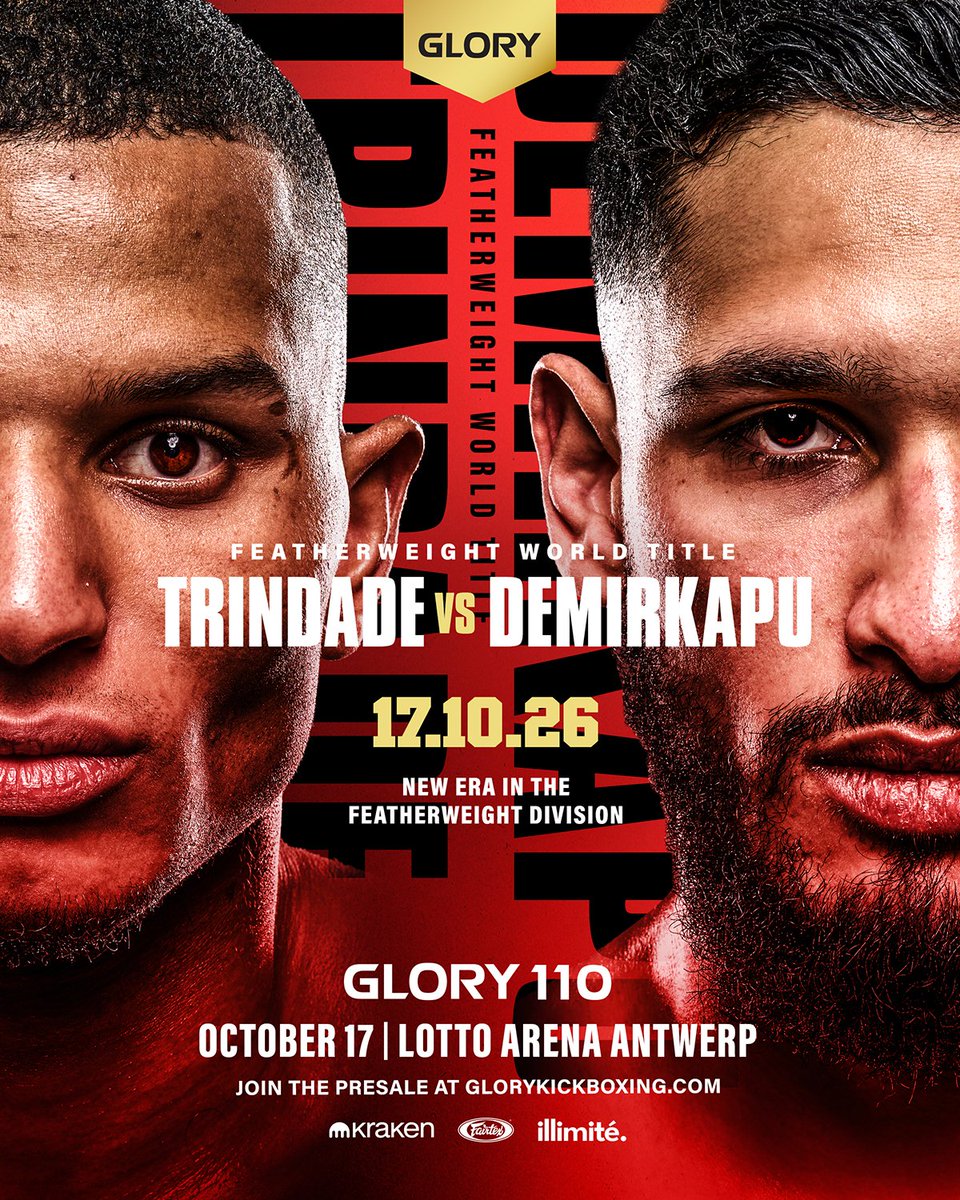 GLORY_WS's tweet photo. 🚨 BREAKING: Miguel Trindade will face Deniz Demirkapu for the GLORY Featherweight Title at #GLORY110 on October 17 inside the Lotto Arena of Antwerp 🔥🔥🔥. 

Two of the most exciting fighters in the GLORY roster will clash to crown the new Featherweight Champion and lead the new era at 65 kilos! 

Join the presale NOW!

#GLORY110 | OCT 17 | JOIN THE PRESALE NOW | Lotto Arena, Antwerp