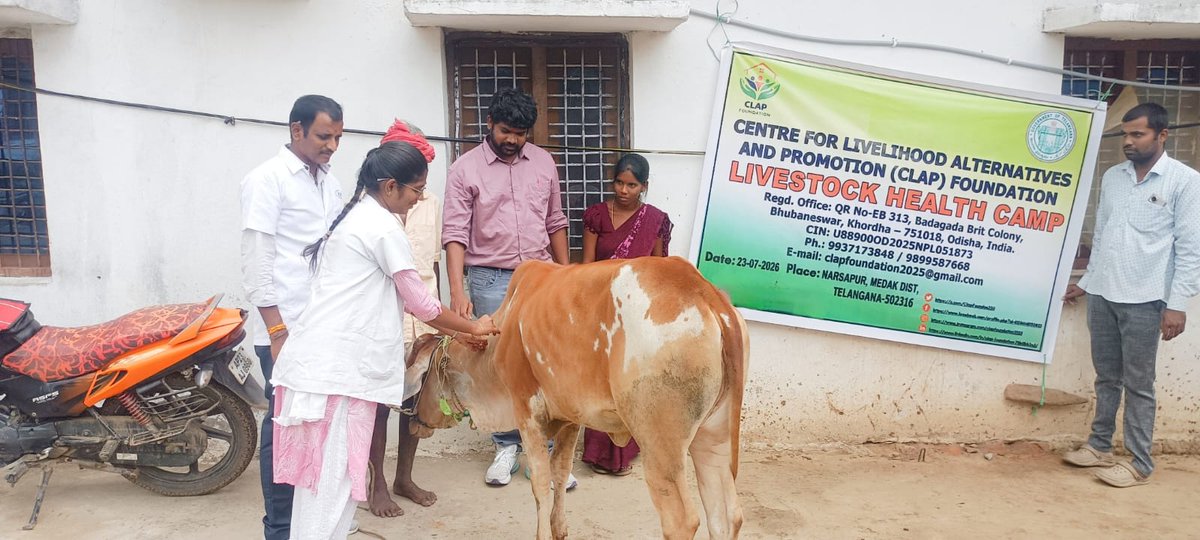 ClapFounda5250's tweet photo. A Livestock Health Camp was organised by @ClapFounda5250 in Narsapur, Medak district, Telangana on 23.07.2026. The camp focused on first-aid services and scientific dairy farming, promoting healthier livestock &amp; sustainable farmer livelihoods. https://t.co/rRmACD6XoL