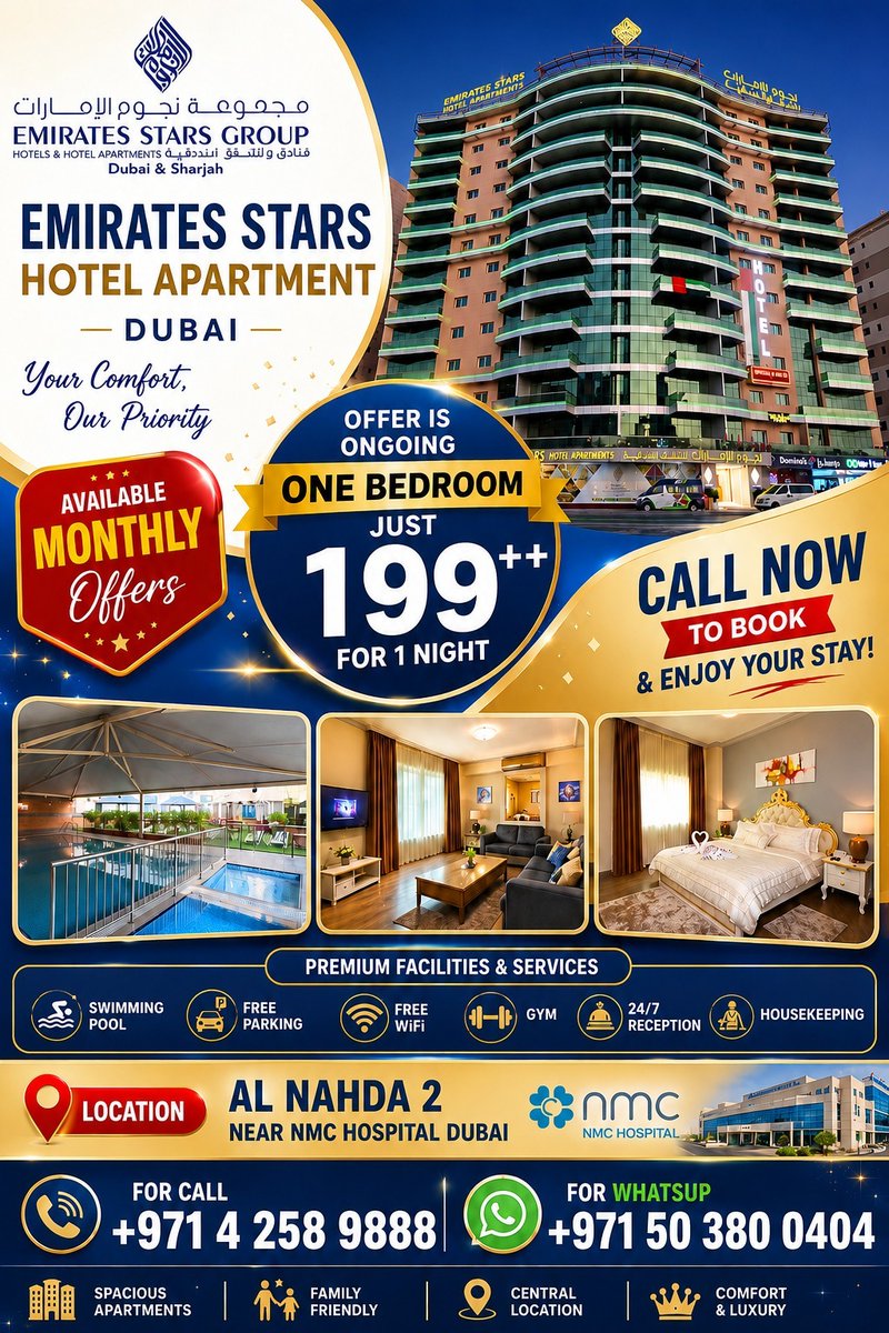 StarsEmirates's tweet photo. ๐ท LIVE SMART IN DUBAI โ ๐ท
Looking for a comfortable and affordable stay?
Emirates Stars Hotel Apartments โ Dubai brings you the perfect Promotional rates!
#EmiratesStars #DubaiOffer #MonthlyStay #DubaiApartments #AlNahda #DubaiDeals #FurnishedApartments #StayComfortably https://t.co/uc5gXnLUie