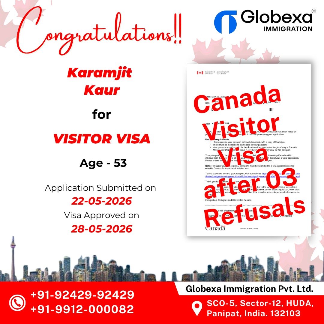 jitender_grover's tweet photo. Many Congratulations Mr. Bhola Singh & Ms. Karamjit Kaur for
Canada Visitor Visa at Age 57 and Age 53 After 03 Refusals
To Apply, Share your Profile on WhatsApp +919242992429, +919812380882
#VisitorVisa #ImmigrationCanada #Canadavisa #VisaSuccess #Globexa https://t.co/BvJq72q8ol