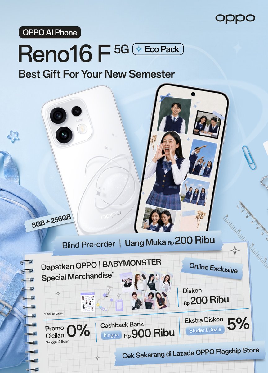 OPPOIndonesia's tweet photo. Jangan ketinggalan untuk dapatkan OPPO Reno16 F 5G di Lazada!

💸 Diskon Rp200 Ribu
📷 Cashback Bank s/d Rp900 Ribu
🎓 Ekstra Diskon Student Deals 5%
🎁 Dapatkan OPPO | BABYMONSTER Special Merchandise (Stok Terbatas!)

https://t.co/VzyGBEtCmM https://t.co/K7UCaSG3t3