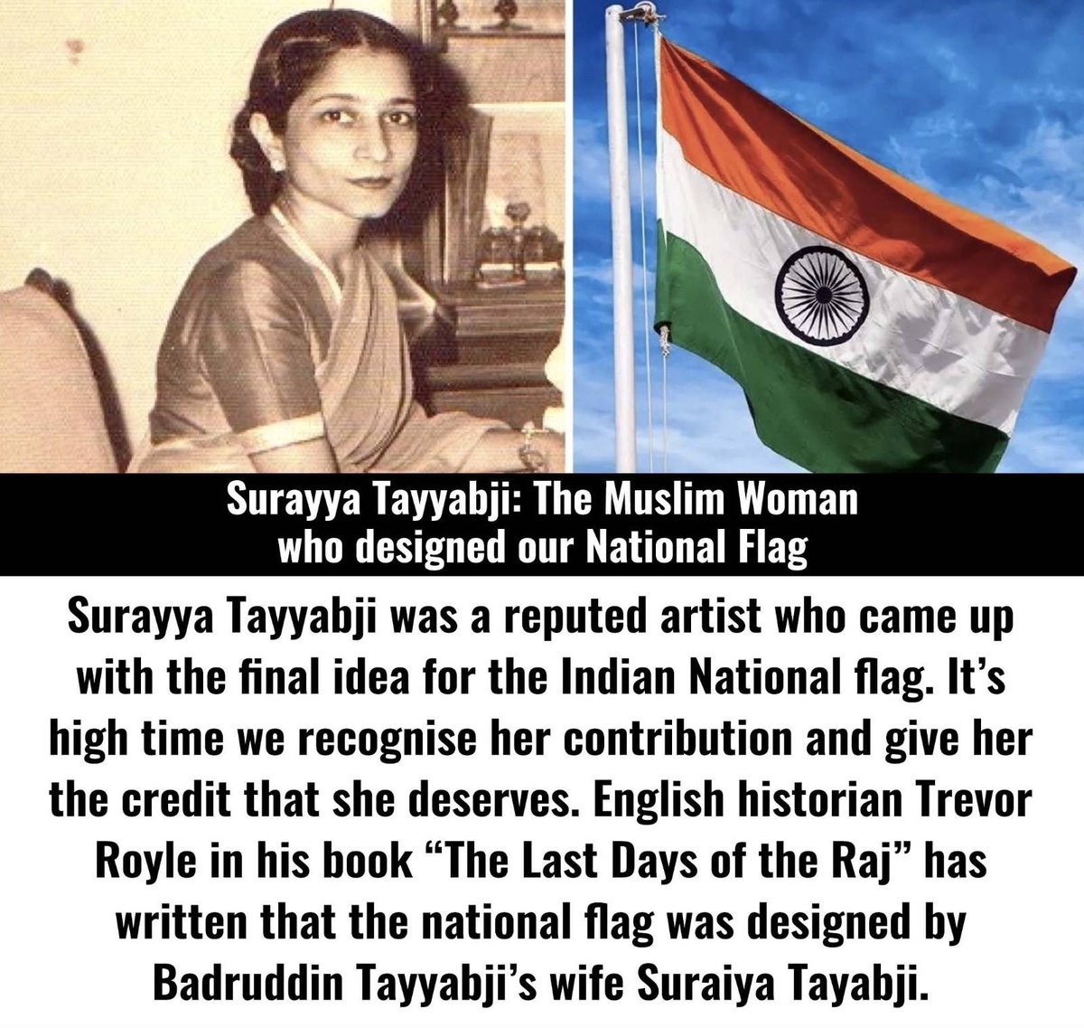 Gabbar0099's tweet photo. The indian national flag designed by an muslim woman, surayya Tayyabji 🇮🇳 https://t.co/eQnKGgziwn