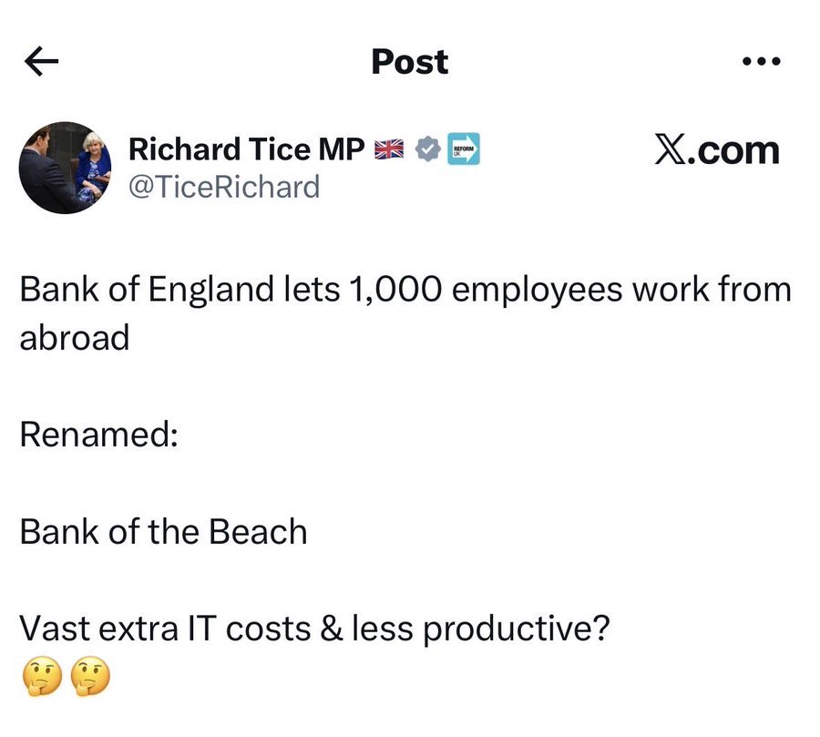 stuzi_pants's tweet photo. ‘Bank of England lets 1000 employees work from abroad’ weeps Richard Tice, MP for Boston and Skegness who lives in Dubai 

If this clown was any more of a prick he’d be Nigel Farage https://t.co/OiPLaljYxS