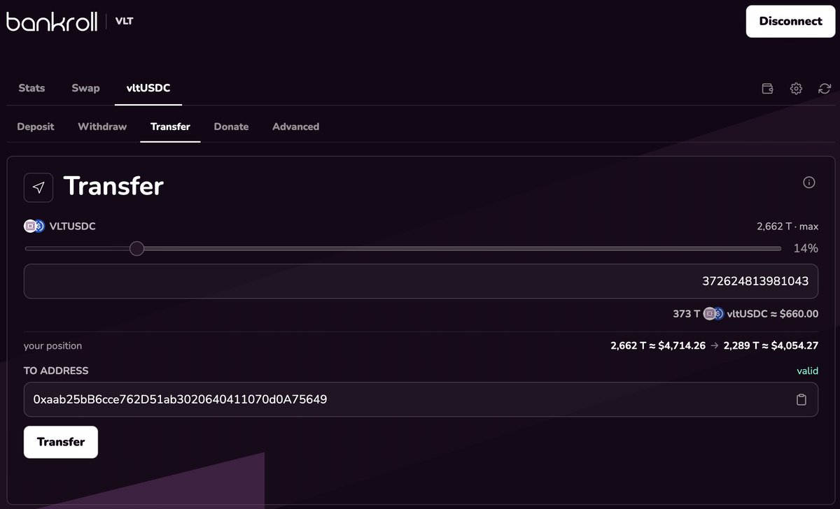 Bankroll_Status's tweet photo. Hey ethereum:0x6b785a0322126826d8226d77e173d75dafb84d11 fans, vltUSDC now has a secure Transfer tool built into the Bankoll app.  Now you can buy an onchain business and transfer a slice of it to anyone in the world. 🤯 https://t.co/DeJuXS4u0y
