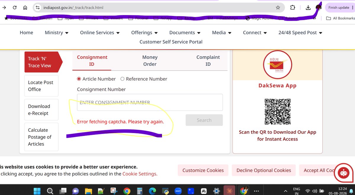 SG_PORT's tweet photo. @PostOfficeIndia , kindy check for Captcha issues and pay more to your web developer. Its a waste of time tracking the speed post. Kindly check the screenshot. #IndiaPost
#SpeedPost
#PostalService
#CustomerService
#India
#Courier
#ParcelDelivery
#DeliveryDelay
#ConsumerRights https://t.co/3GEE7hzCI9