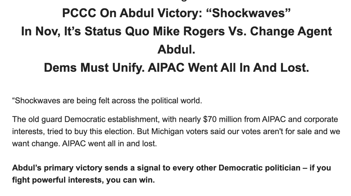 BoldProgressive's tweet photo. .@AbdulElSayed's primary victory sends a signal to every other Dem politician – if you fight powerful interests, you can win.

The Democratic establishment, with ~70 million from AIPAC + corporate interests, tried to buy this election. 

But Michigan voters said our votes aren't for sale. We want change.   

Our full statement: