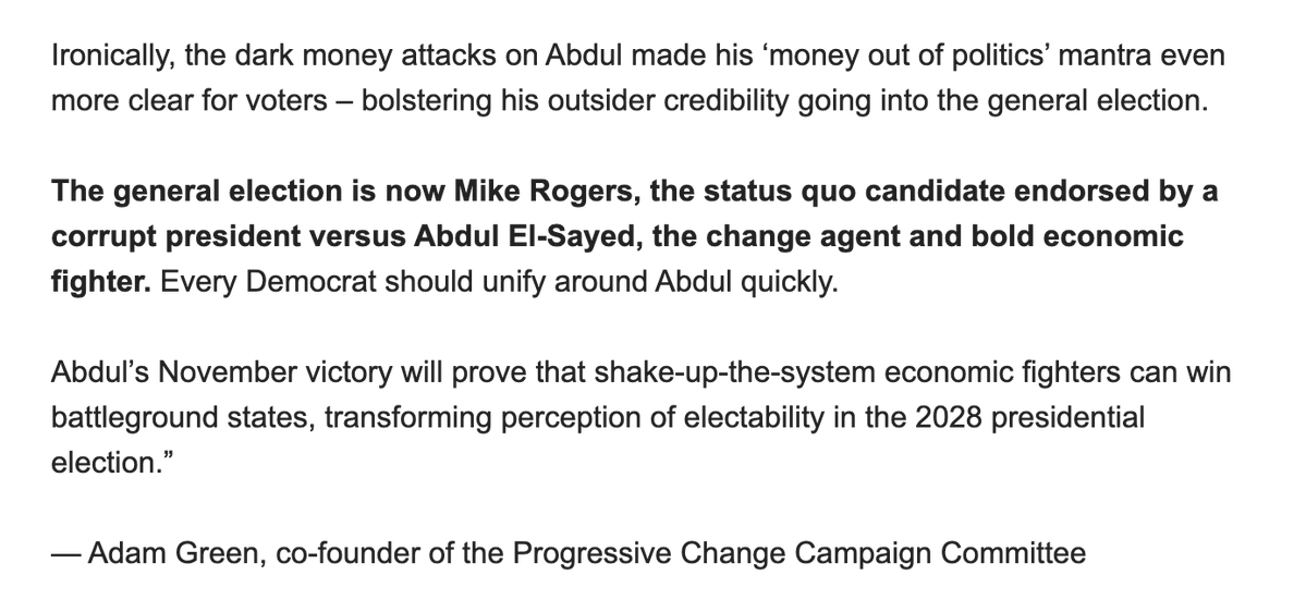 BoldProgressive's tweet photo. .@AbdulElSayed's primary victory sends a signal to every other Dem politician – if you fight powerful interests, you can win.

The Democratic establishment, with ~70 million from AIPAC + corporate interests, tried to buy this election. 

But Michigan voters said our votes aren't for sale. We want change.   

Our full statement: