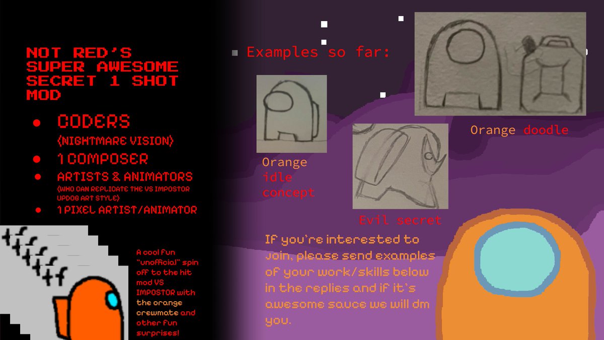notred_22's tweet photo. Help wanted!
we need help on our cool vs impostor fanmod ft: orange
we need:
-coders (for nightmare vision)
-artists (who can replicate the VS IMPOSTOR style)
-1 composer
-1 pixel artist
if interested please show examples or ur work below in replies. u will be dmed if ur in👍 https://t.co/3ukiQp7svX