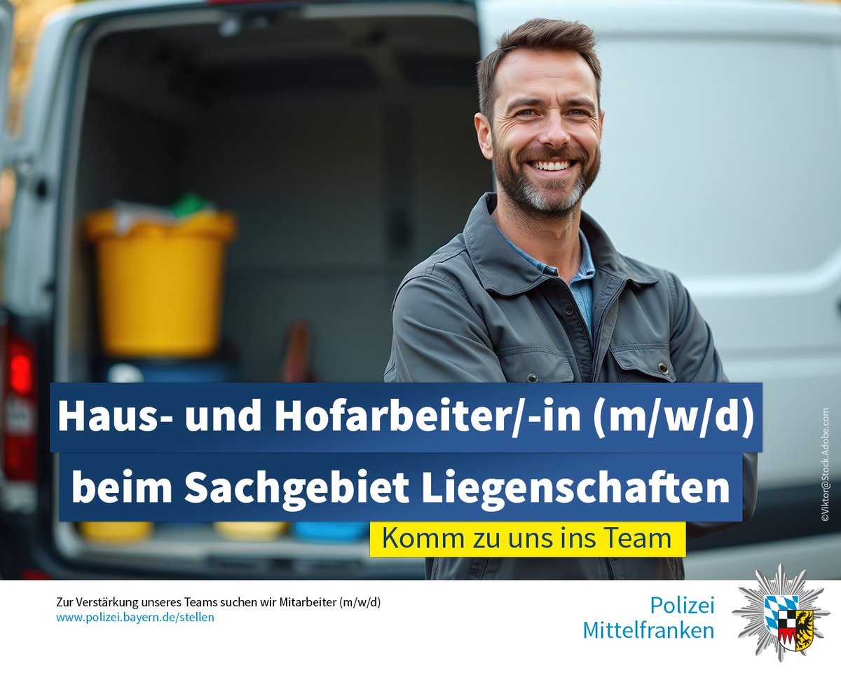PolizeiMFR's tweet photo. Zur Verstärkung des Teams beim Sachgebiet V 3 suchen wir zum 01.10.2026 einen Haus- und Hofarbeiter  (m/w/d) auf einer unbefristeten Vollzeitstelle mit 40 Wochenstunden.

Eingruppierung Entgeltgruppe: 3 TV-L
Dienstort: Nürnberg

Mehr Infos:
https://t.co/OnuMLiuGSW https://t.co/DG8MrfBjit