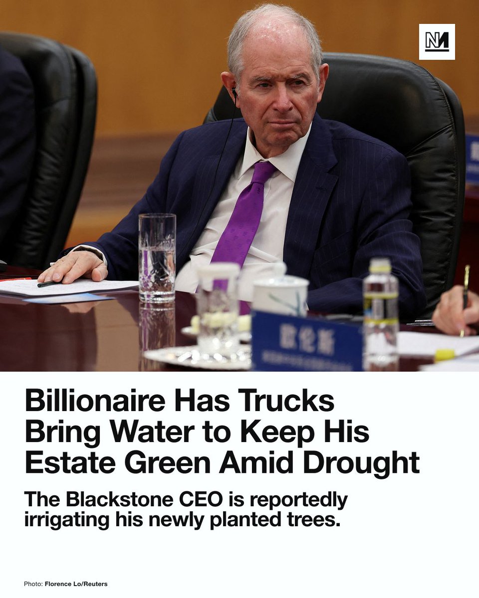 novaramedia's tweet photo. A US billionaire is reportedly receiving up to 13,000 gallons of water a day by tanker truck to keep the grounds of his Wiltshire estate green – while residents in neighbouring villages are told to save water amid a record-breaking drought.  

It is believed Stephen Schwarzman, CEO of asset management giant Blackstone, is using the water to irrigate newly planted trees at the 2,100-acre Conholt Park. 

Neighbours told the Mail on Sunday that they had spotted the tanker trucks heading into the estate, noting that the lush grounds of the estate contrasted starkly with the bleached fields of the surrounding area. 

Although the estate is not itself under a hosepipe ban, it is located in Wessex, which is one of seven areas across England where the Environment Agency has declared drought.

“Rivers are running low, farmers are having to harvest crops early, wildfire risk is increasing, and millions of people are living under restrictions on water use,” the Environment Department said last week. 

Purchased for £82m in 2022, the estate has since undergone extensive renovations, with planning permission granted for the construction of an ornamental lake in 2024. 

In September 2025, Southern Water stepped in and banned tanker companies from delivering water to the property after villagers complained the water was being used to fill up the lake. 

Steve Kershaw, 68, who lives in nearby Tangley, told the Mail on Sunday: “This is causing uproar. The standing joke is that Lord Lake, as he's known round here, is at it again.”

A source close to Schwarzman told the Mail on Sunday the CEO “is ensuring that local water resources are not affected.” Another source said: “All water brought to the estate is supplied through licensed providers and sourced lawfully.”

The UK’s fourth heatwave of the year hit parts of southern and eastern England on 28 July. On Monday, the Met Office confirmed that July was the driest month since records began, with the UK getting just 7% of expected rainfall and England getting only 1%.

The UK Health Security Agency (UKHSA) has issued amber alerts for the East Midlands, East of England, London and the South East.