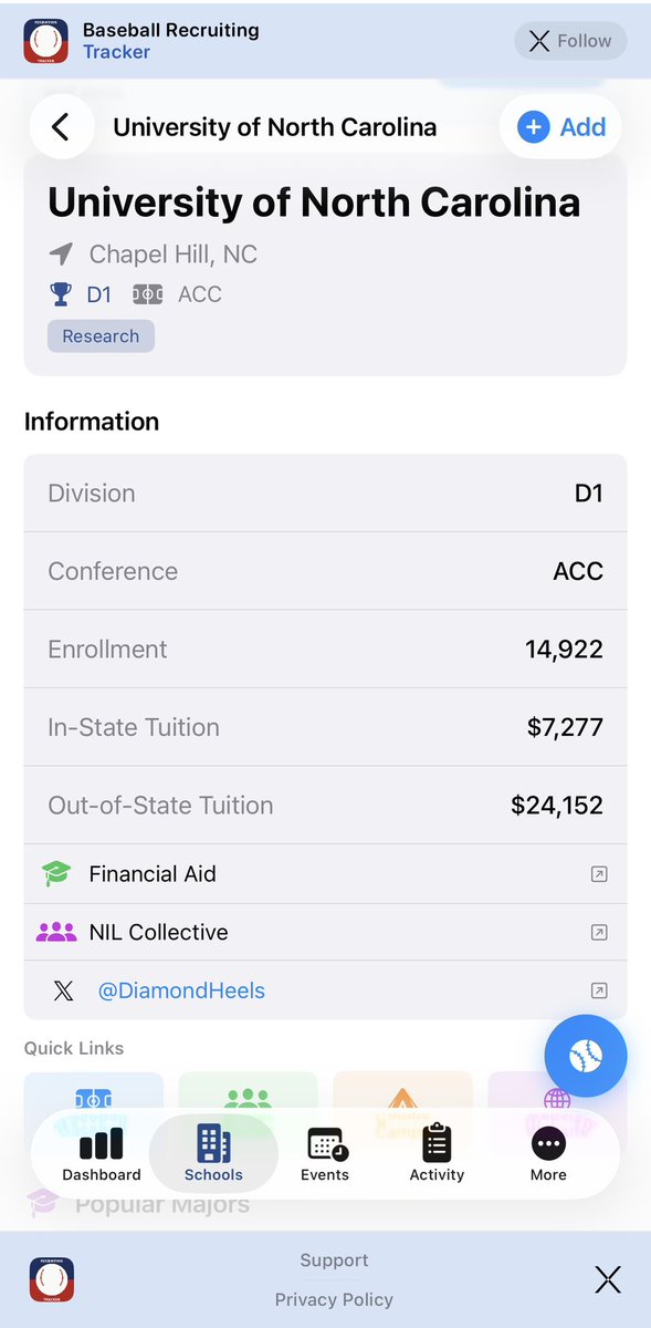 BBRecruitingApp's tweet photo. Recruiting Tracker: Baseball 2.1 is live.

📧 Email Templates — major upgrade, edits now actually send
💬 DM Draft Assistant — pre-written DMs for every moment
💰 NIL Policy URLs on D1 schools
    •Follow-Up Reminders & Outreach Logging

📲 https://t.co/5sNjFhM32M

#BaseballRecruiting