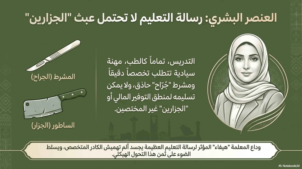 M_alumri's tweet photo. يرسخ تحول "دولة الرعاية" إلى "دولة متعهدة" تهميش المعلم السعودي؛ فالتدريس كالطب لا يحتمل عبث "الجزارين" بل يحتاج لمشرط "الجراح" المتخصص، وهو ما جسدته "هيفاء" في وداعها المؤثر لرسالة التعليم العظيمة. https://t.co/NIU8VW1NfG