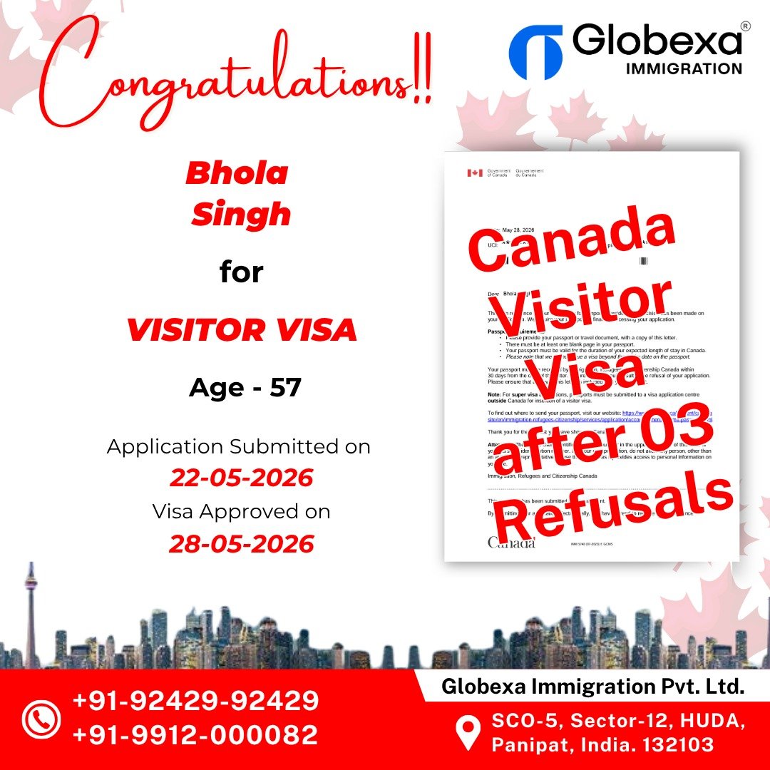Globexa_IM's tweet photo. Many Congratulations Mr. Bhola Singh & Ms. Karamjit Kaur for
Canada Visitor Visa at Age 57 and Age 53 after 03 Refusals
To Apply, Share your Profile on WhatsApp +919242992429, +919812380882
#VisitorVisa #ImmigrationCanada #Canadavisa #VisaSuccess #Globexa https://t.co/SfubFEreBm