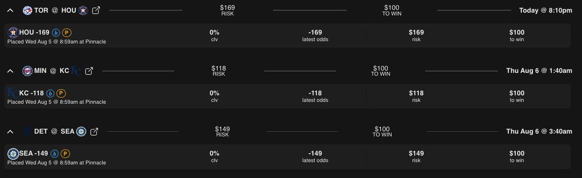 TheBarrelZone's tweet photo. 08/05: August Day 5 of the Bankroll Challenge π’ Today's +EV play: DET @ SEA Mariners ML -149 (Pinnacle)
Full card attached. Projections posted in my Discord: https://t.co/5MpuZcVRFK
FYI, BOL has a better line on all of these atm.
https://t.co/NrvIUQzu42 #BankrollChallenge https://t.co/j1tZvH9gak