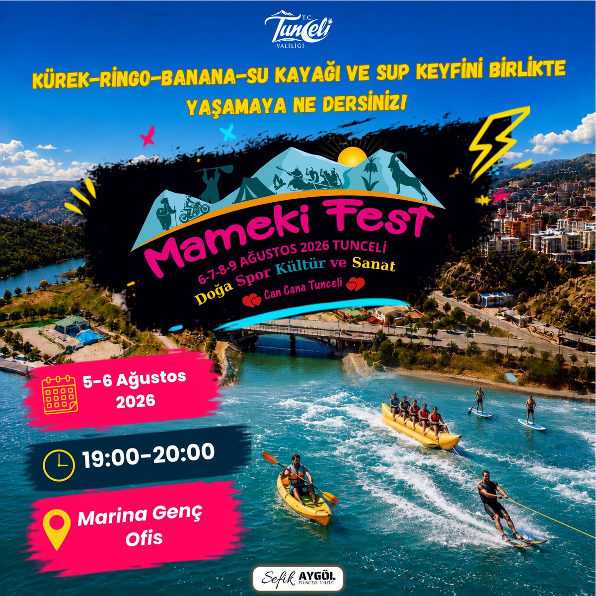 TunceliValiligi's tweet photo. ‼️🌊 MAMEKİFEST’TE SUYUN HEYECANINI BİRLİKTE YAŞIYORUZ 🌊‼️

🚣 Kürekten ringoya, banana bottan su kayağına ve SUP’a kadar birbirinden eğlenceli su aktiviteleri MamekiFest’te sizleri bekliyor.

🌊 Tunceli’mizin eşsiz doğasında; suyun serinliği, sporun enerjisi ve eğlencenin coşkusu bir araya geliyor.

📅 5-6 Ağustos 2026
⏰ 19.00-20.00
📍 Marina Genç Ofis

📲 Etkinliklere katılmak için kayıt linki:
https://t.co/ENDhNhBFCq

❣️ Bu heyecana ortak olmak, yazın ve suyun keyfini hep birlikte yaşamak için tüm hemşehrilerimizi bekliyoruz.

💕 #CanCanaTunceli 💕

@sefikaygol
@TCKulturTurizm