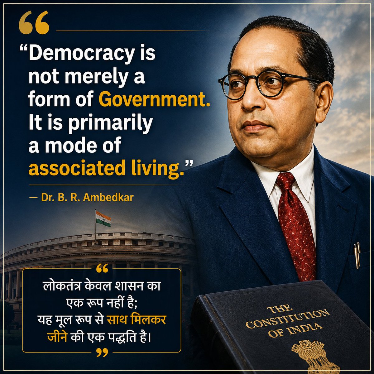 AdityaBundi's tweet photo. “Democracy is not merely a form of Government. It is primarily a mode of associated living.”

— Dr. B. R. Ambedkar

“लोकतंत्र केवल शासन का एक रूप नहीं है; यह मूल रूप से साथ मिलकर जीने की एक पद्धति है।”

#BRAmbedkar #Democracy #Politics https://t.co/Nd13yzEijZ