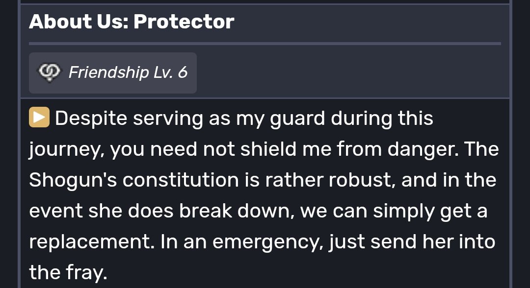 DengerSam's tweet photo. @diamondsdayy @BeastOfMyself Raiden shouldn't even count. The Shogun is an automated puppet, not a part of Ei's personality even though she can assume control of her (kind of like Herta in HSR)

She even talks about how replaceable the puppet is, for those unconvinced. https://t.co/Xlsi1WVKQw