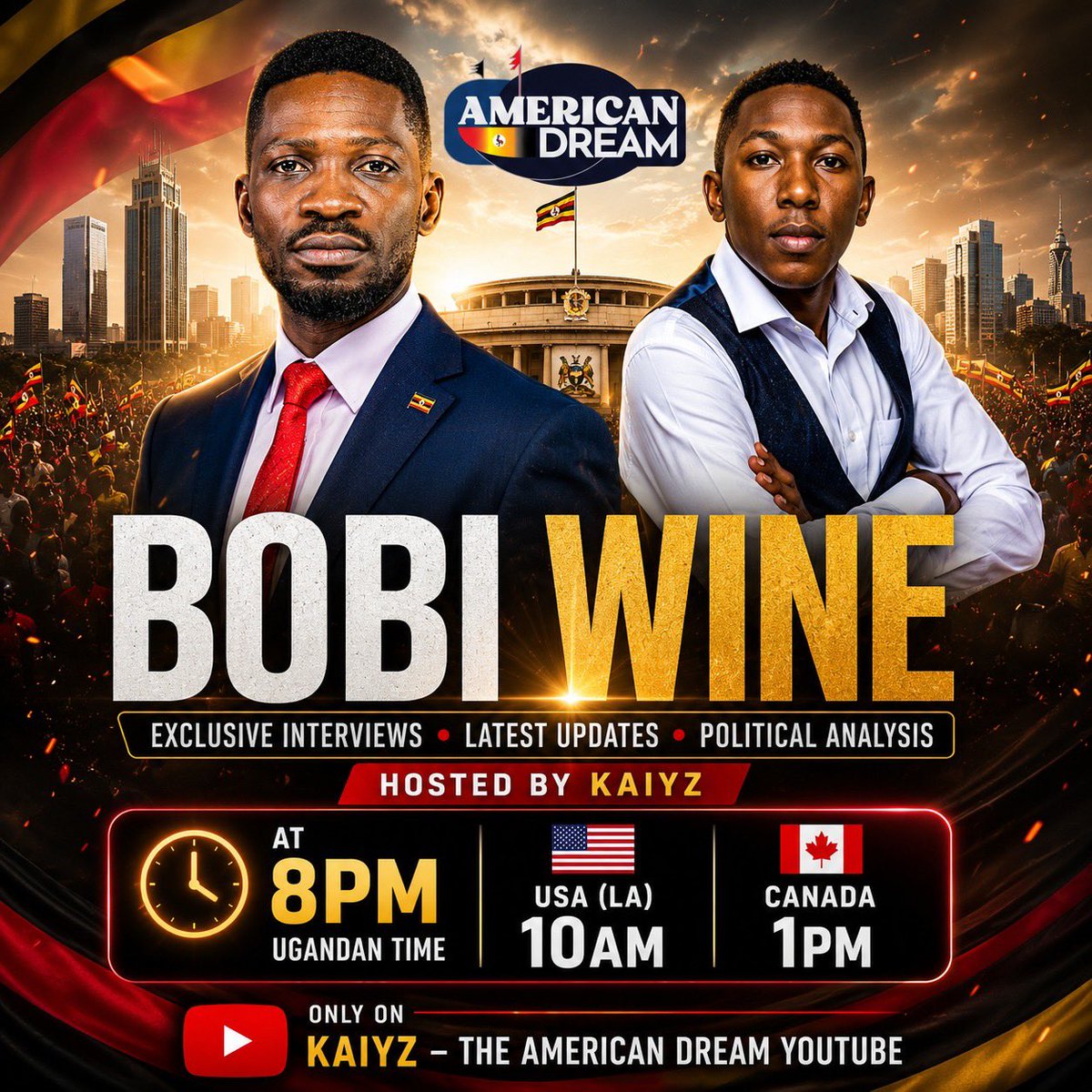 KaiyzOfficial's tweet photo. Coming to you unfiltered @NUP_Ug President @HEBobiwine 8pm Ugandan time, 10am USA 🇺🇸
Don’t forget to subscribe-Kaiyz the American Dream YouTube channel 

https://t.co/TvAbnyZmrl https://t.co/ke6IRSXaYK