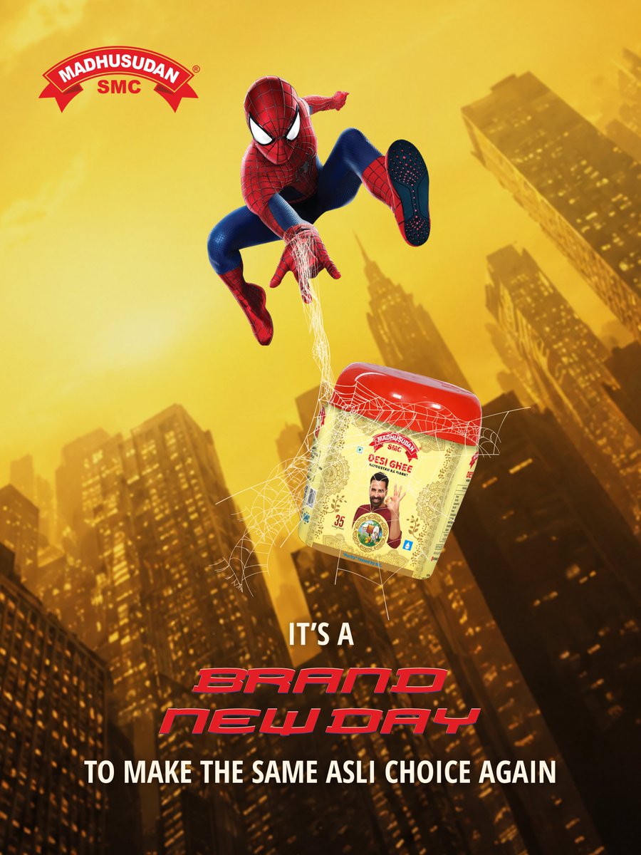 MadhusudanSMC's tweet photo. It’s a brand new day to make the same asli choice again!

Swing by &amp; buy desi ghee. It's a brand new day, same hero in your kitchen.

#spidermanbrandnewday #puredesighee #desighee #spidermanbnd #DesiGhee #PureGhee #Spiderman https://t.co/FwHdGIuBhL