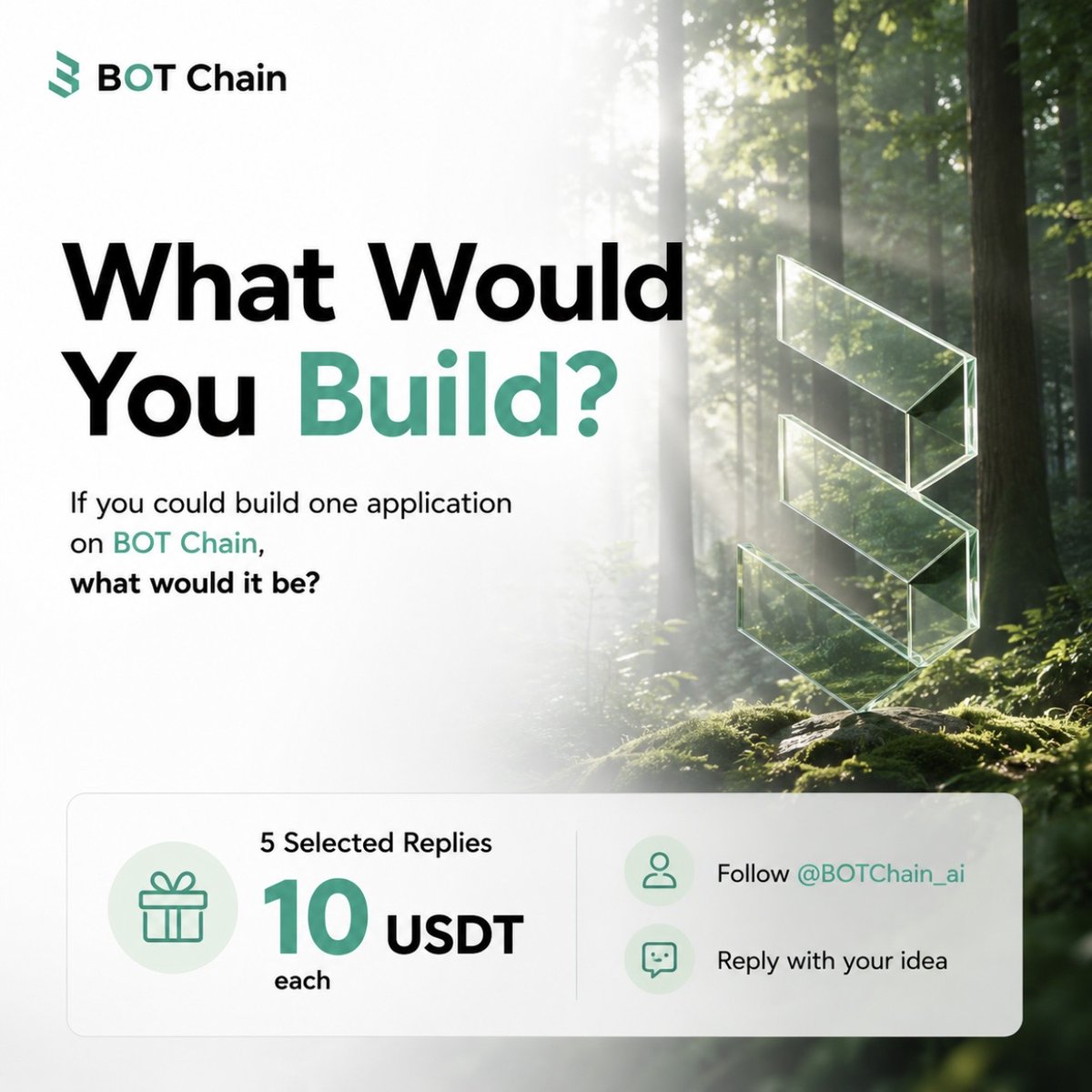 BOTChain_ai's tweet photo. Every great application starts with an idea.
Today, we want to hear yours.

What would you build on BOT Chain? 💭
🎁 We’ll reward 5 thoughtful replies with 10 USDT each.

Join us:
✅ Follow @BOTChain_ai
✅ Reply with your idea https://t.co/YMN14ExG6n