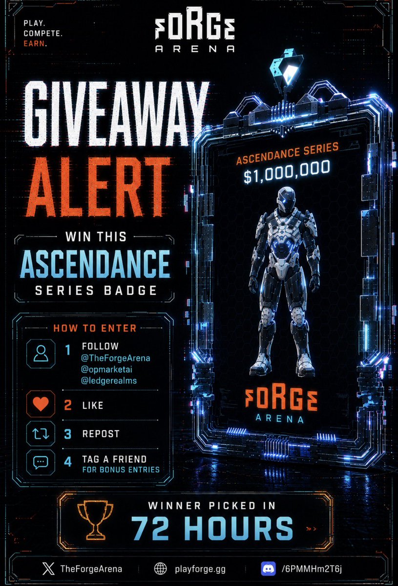 TheForgeArena's tweet photo. 🎉 Giveaway Time! 🎉

To enter follow: 
@TheForgeArena
@opmarketai 
@ledgerealms 

Retweet 🔄 + Like  ❤️

The winner will be picked in 72 hours!

Bonus entries by tagging friends 😉 https://t.co/QklHeuaCLQ